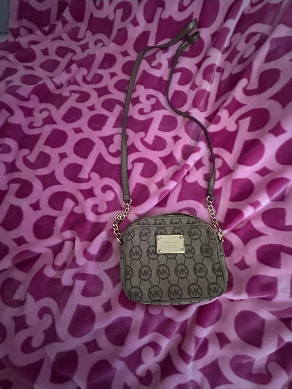 Michael Kors Brown/Gray MK Logo Crossbody with Gold Hardware